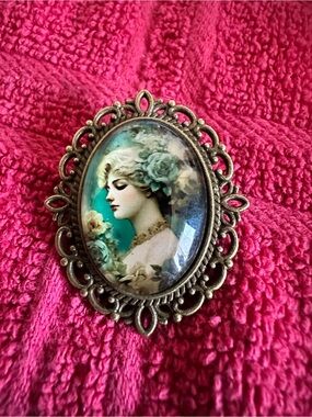 cameo Teal and Gold Victorian Portrait Brooch